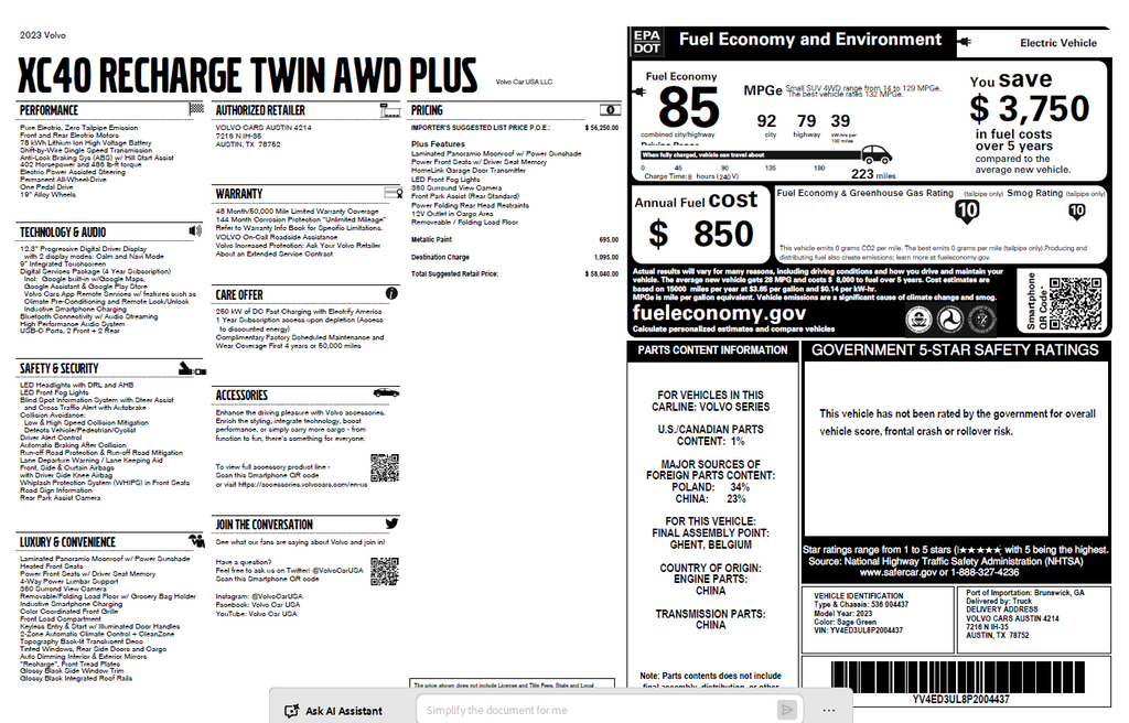2023 Volvo XC40 Recharge Pure Electric Twin Plus